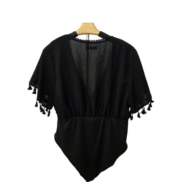 Shein Curve Black V-Neck Tassel Bodysuit Size L - Picture 2 of 8